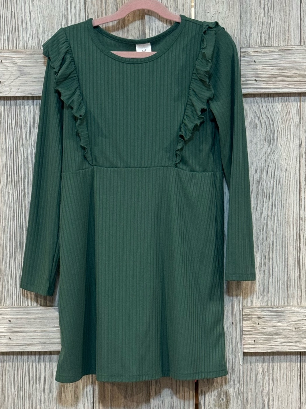 Members Mark Girls Long Sleeve Ruffled Knit Dress - Dark Green Sz 7/8
